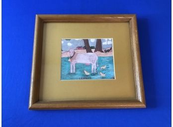 'chauncy' Signed Amos Art Of A Cow And Chickens