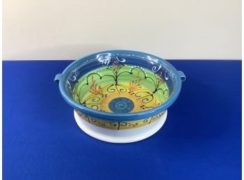 Blue Green Yellow And Orange Decorated Bowl With Handles