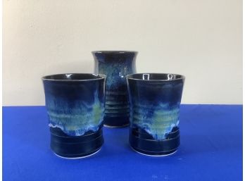 Signed Black And Blue Pottery Lot Of 3