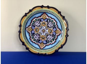 Marked Plate With Floral Design Black, White, Yellow, Blue, Green And Maroon Colors