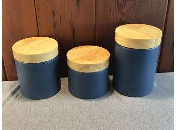 Blue Pottery Canisters Lot Of 3