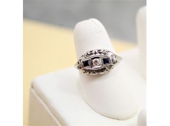 Antique 14k White Gold Diamond Deco Style Sapphire Ring