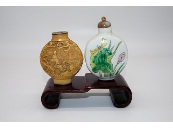 2 Asian Snuff Bottles With Wood Stand