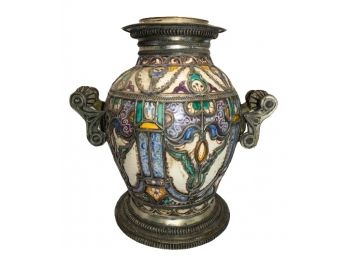 Large Vintage Moroccan Vase/Urn Hand Painted Ceramic With Inlay Filigree