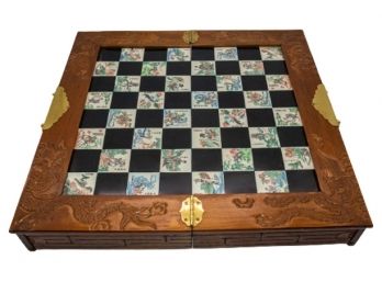 Vintage Asian Chinese Chess Folding Wood Case With Brass Handles