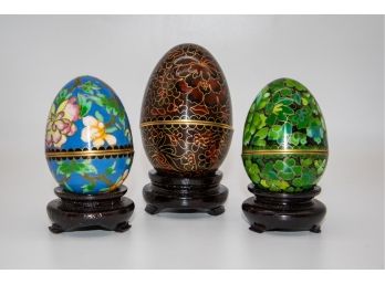3 Beautiful Cloisonne Enamel Eggs With Wood Stands