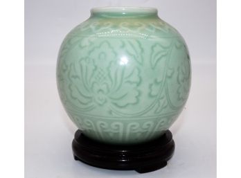 Asian Celadon Vase With Wood Stand