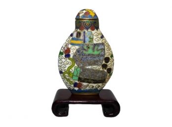 Asian Cloisonne And Enamel Snuff Bottle With Wood Stand