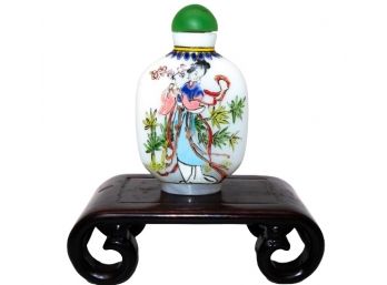 Asian Snuff Bottle Signed With Wood Stand