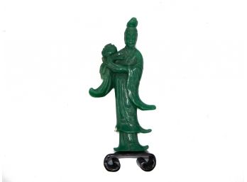 Antique Asian Aventurine Statue With Wood Stand