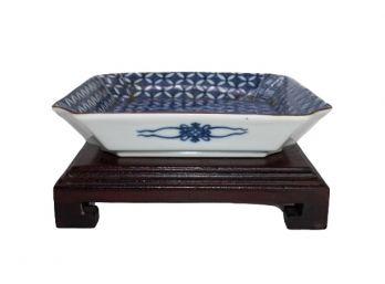 Asian White And Blue Plate With Wood Stand