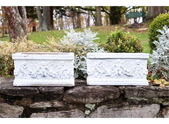 Set Of 2 White Terracotta  Putti With Garland  Planters