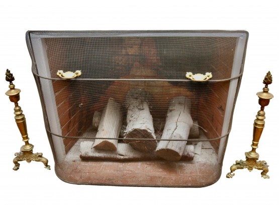 Two Brass Urn Andirons And  A Black Mesh Fireplace Screen With Brass Handles