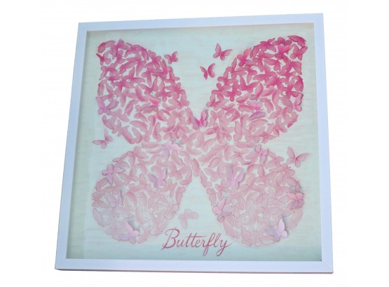 Three Dimensional Pink Butterfly Art In A White Shadow Box Frame