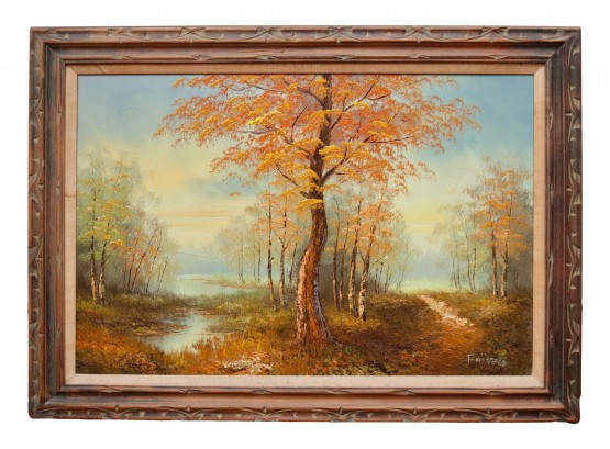 Mid Century Vibrant Golden Autumn Landscape Oil On Canvas With Linen Matting And Vintage Carved Frame