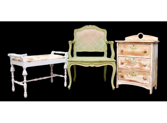 Set Of 3 French Provincial Green Cane Chair, Floral Linen White Bench,  3-Drawer Distressed Side Cabinet