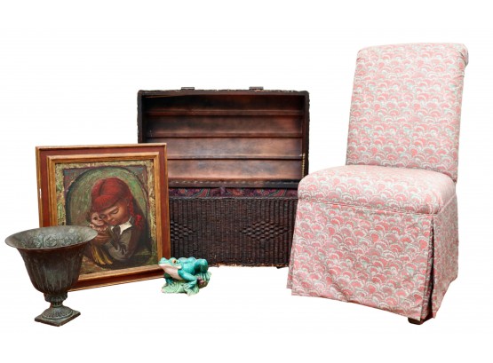 Set Of 5 Albert  Pels Art Girl With Doll  On Gold Gild Wood Frame, Brown Wicker Trunk, Slipper Chair And More