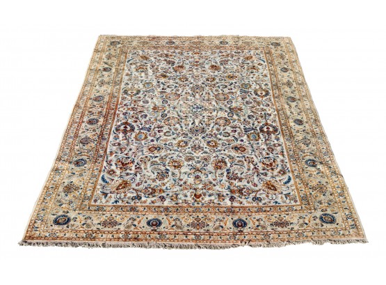 Gold, Periwinkle, Cream And Navy Floral And Foliage Wool Rug With Fringe