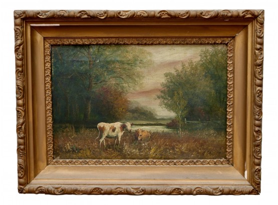 G. Gorham Antique American Hudson River School Original Landscape Oil Painting Framed In Carved Wood