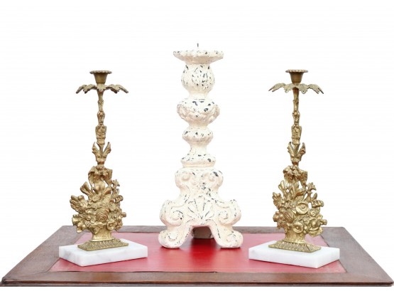 Pair Of Ornate Floral Brass And Marble Candle Sticks Plus A Shabby Chic Crackle Torchere Pillar Candle Holder