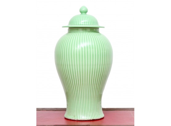 Yuan Dynasty Longquan Celadon Style Large Ribbed Porcelain Lidded Temple Jar Vase