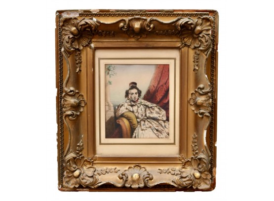 Woman Sitting On A Chaise Lounge Lithograph Framed In An Ornately Carved  Scrolled Floral  Gold Double Frame