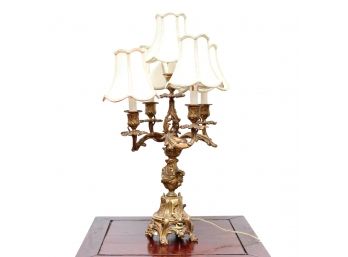 5-Arm Italian Brevettato Brass Vintage Baroque Table Lamp With Bell  Shades