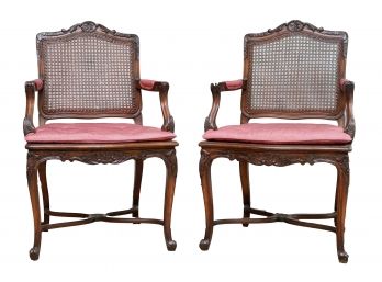 French Provincial Caned Wood Cabriole Arm Chairs With Moire Seat Cushions