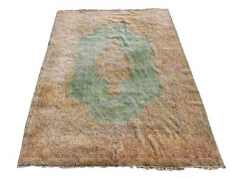 Light Green And Gold Scrolled Medallion  Rug With Fringe - Possibly Persian Kerman