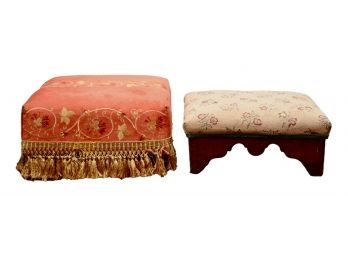 Embroidered Scroll Suede Footstool With Fringe  And An Antique Upholstered Ziggurat Bracket Stool