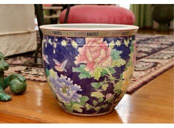 Chinese Export Famille Rose And Navy Polychrome Floral Porcelain  Jardiniere