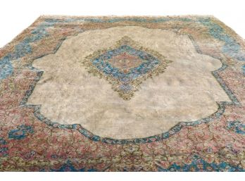 Possibly Persian Kerman Wool Medallion Rug In Cream With Light Blue, Tobacco, And Salmon Blush