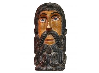 Carved And Painted Papier Mache Parade Mask Of Bearded Man