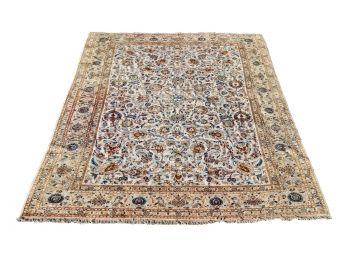 Gold, Periwinkle, Cream And Navy Floral And Foliage Wool Rug With Fringe