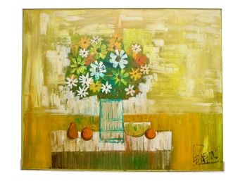 Mid Century Large Lee  Reynolds Daisy Floral Still Life Acrylic On Canvas 61'W X 49'H