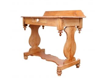 Weathered Pine Trestle Table With Drawer And Hanging Finials