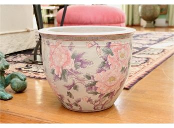 Chinese Export Famille Rose  And Jade Polychrome Floral Porcelain  Jardiniere In Jade, Blush, And Lilac
