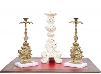 Pair Of Ornate Floral Brass And Marble Candle Sticks Plus A Shabby Chic Crackle Torchere Pillar Candle Holder