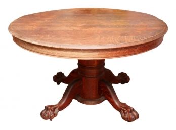 Hastings Table Co, Hastings Michigan Antique Round Tiger Oak Barrel Pedestal Table With Ball Claw Feet