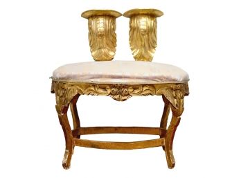 Large Louis XV Style Upholstered Gilt Oval Bench And Two Acanthus Leaf Gilt Corbel Wall Shelves