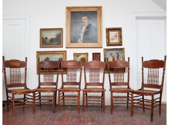 Set Of 6 Antique Larkin Pressed Back Oak Caned Side Chairs