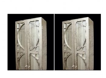 Set Of 2 Circular Fret  Verre Eglomise  Style  Mirror Door Cabinets In An Antique Silver Finish