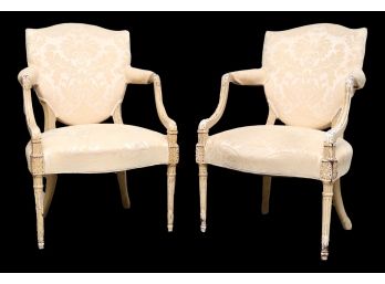 Set Of 2 Ivory Damask French Shield Back Chairs In A Distressed Cream Frame
