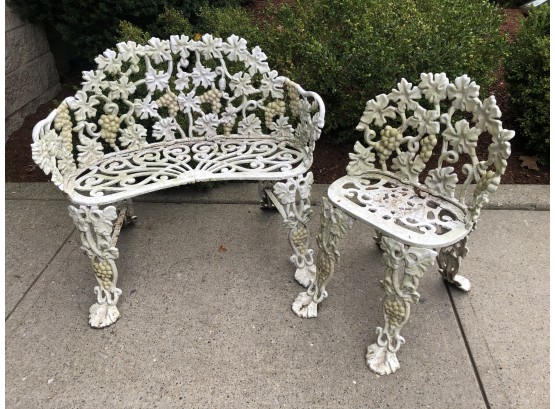 Fabulous Vintage 1930s Cast Iron Garden Bench & Chair - Old Worn & Faded White Paint - GREAT PIECES !