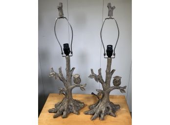 Pair Wonderful Tree Trunk Lamps Each With Owl - Looks Just Like Wood - With Matching Finials - GREAT PAIR !