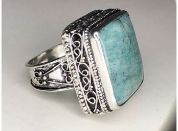 Wonderful Sterling Silver / 925 Ring With Larimar From Dominican Republic Lovely Ornate Silverwork - NICE GIFT