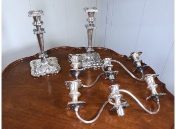Amazing Pair Of Antique Silver Plated Candelabras - Made In England - With Glass Shades - Shades Not Pictured