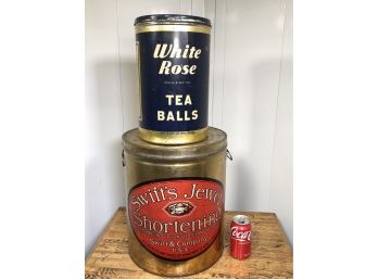 Two Very Large Antique Country Store Tins - Swifts Jewel Shortening & White Rose Tea Balls - COUNTRY STORE !