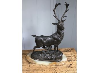 Fabulous Large Antique Bronze Deer Sculpture On Marble Base - Beautiful Details With Nice Dark Patina - WOW !
