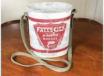 Awesome Vintage FALLS CITY - WADE IN Minnow Bucket - Good Graphics - Great Display Piece With Old Canvas Strap